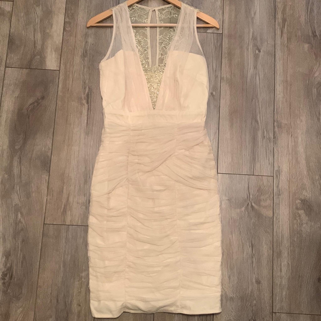 Stunning Cream/Beige Dress With Mesh, Lace And Diamond Pearl Accent At Center